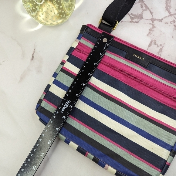 Fossil Eliza Black Multi Stripe Crossbody Messenger Bag Purse Pink Dots Stripes - Picture 15 of 16